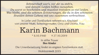 Traueranzeige von Karin Bachmann von Wochenspiegel Naumburg/Nebra