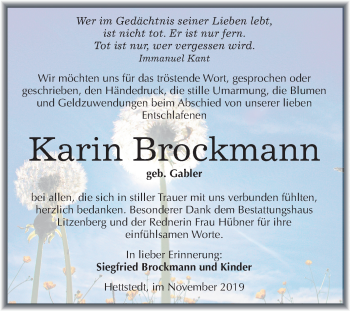 Traueranzeige von Karin Brockmann von Super Sonntag Mansfelder Land