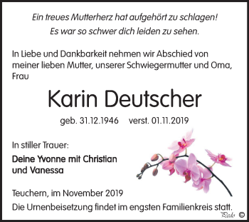 Traueranzeige von Karin Deutscher von Wochenspiegel Weißenfels