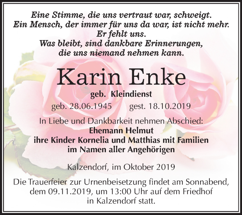  Traueranzeige für Karin Enke vom 02.11.2019 aus Super Sonntag Merseburg/Querfurt