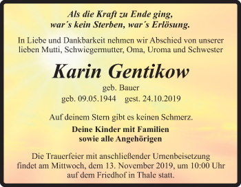 Traueranzeige von Karin Gentikow von Super Sonntag Quedlinburg
