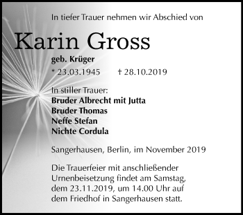 Traueranzeige von Karin Gross von Super Sonntag Sangerhausen