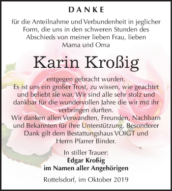 Traueranzeige von Karin Kroßig von Super Sonntag Mansfelder Land