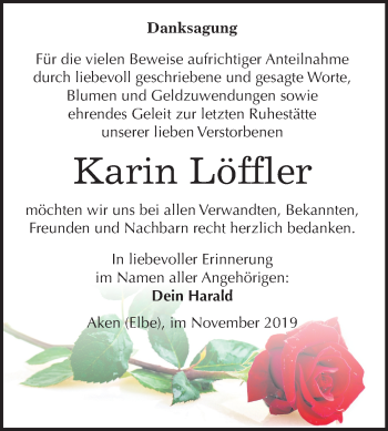 Traueranzeige von Karin Löffler von Super Sonntag Köthen