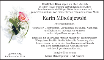 Traueranzeige von Karin Mikolajewski von Super Sonntag Quedlinburg