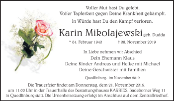 Traueranzeige von Karin Mikolajewski von Super Sonntag Quedlinburg