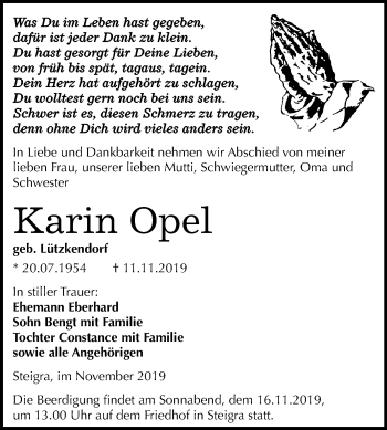 Traueranzeige von Karin Opel von Mitteldeutsche Zeitung Merseburg/Querfurt