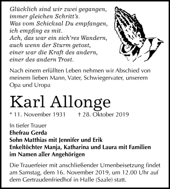 Traueranzeige von Karl Allonge von Mitteldeutsche Zeitung Halle/Saalkreis