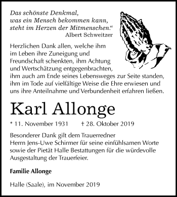 Traueranzeige von Karl Allonge von Mitteldeutsche Zeitung Halle/Saalkreis