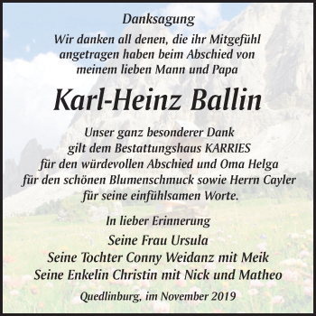 Traueranzeige von Karl-Heinz Ballin von Mitteldeutsche Zeitung Quedlinburg