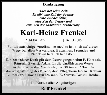 Traueranzeige von Karl-Heinz Frenkel von Super Sonntag Wittenberg