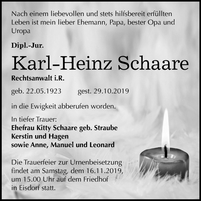  Traueranzeige für Karl-Heinz Schaare vom 09.11.2019 aus Mitteldeutsche Zeitung Halle/Saalkreis