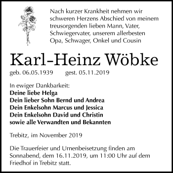 Traueranzeige von Karl-Heinz Wöbke von Super Sonntag Wittenberg