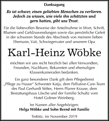 Traueranzeige von Karl-Heinz Wöbke von Super Sonntag Wittenberg