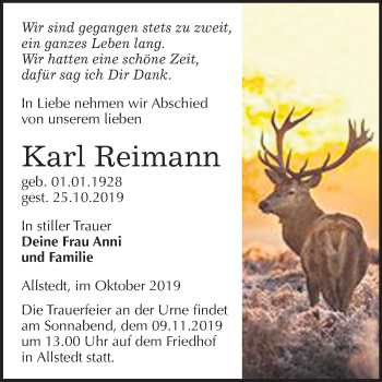 Traueranzeige von Karl Reimann von Super Sonntag Sangerhausen