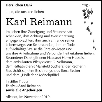 Traueranzeige von Karl Reimann von Mitteldeutsche Zeitung Sangerhausen