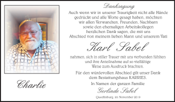 Traueranzeige von Karl Sabel von Super Sonntag Quedlinburg