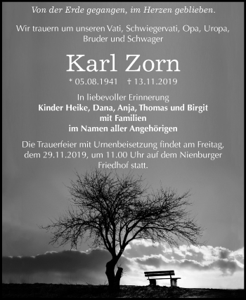 Traueranzeige von Karl Zorn von Super Sonntag Bernburg