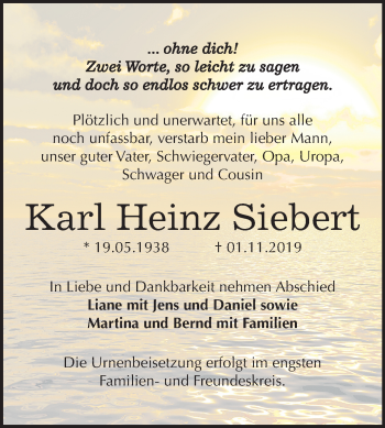 Traueranzeige von Karl Heinz Siebert von Mitteldeutsche Zeitung Quedlinburg