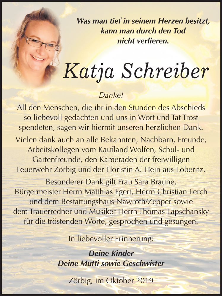  Traueranzeige für Katja Schreiber vom 02.11.2019 aus Mitteldeutsche Zeitung Bitterfeld