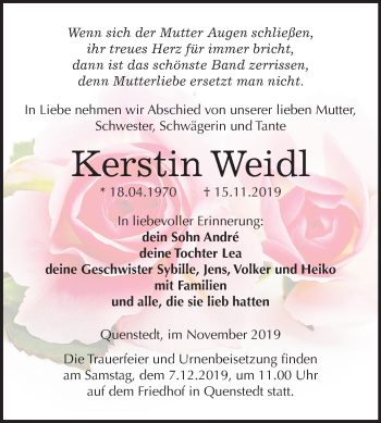 Traueranzeige von Kerstin Weidl von Mitteldeutsche Zeitung Aschersleben / Mansfelder Land