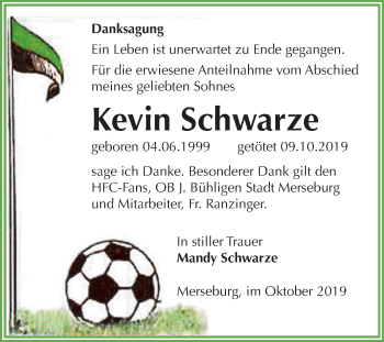Traueranzeige von Kevin Schwarze von Super Sonntag Merseburg/Querfurt