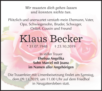 Traueranzeige von Klaus Becker von Super Sonntag Bernburg