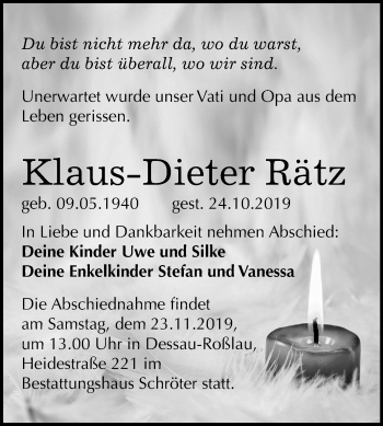 Traueranzeige von Klaus-Dieter Rätz von Super Sonntag Dessau-Roßlau