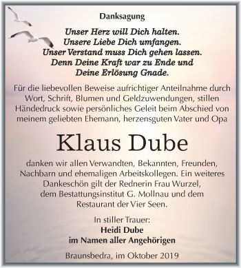 Traueranzeige von Klaus Dube von Super Sonntag Merseburg/Querfurt