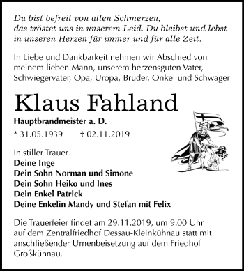 Traueranzeige von Klaus Fahland von Mitteldeutsche Zeitung Dessau-Roßlau