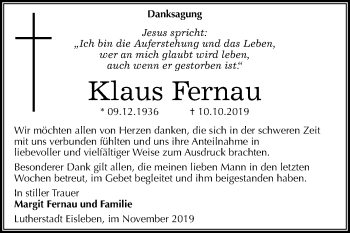 Traueranzeige von Klaus Fernau von Mitteldeutsche Zeitung Mansfelder Land