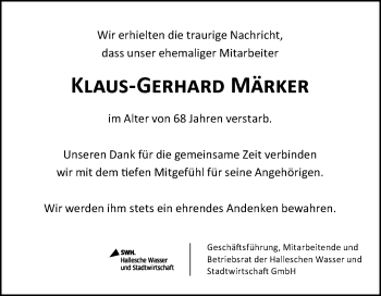 Traueranzeige von Klaus-Gerhard Märker von Mitteldeutsche Zeitung Halle/Saalkreis
