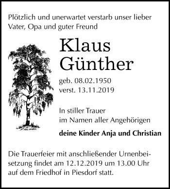 Traueranzeige von Klaus Günther von Mitteldeutsche Zeitung Bernburg