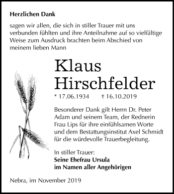 Traueranzeige von Klaus Hirschfelder von Wochenspiegel Naumburg/Nebra