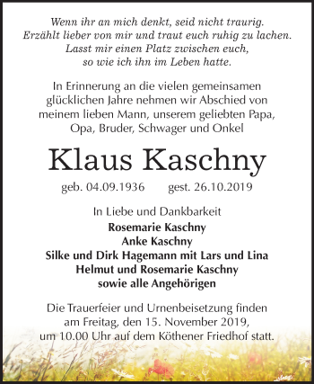 Traueranzeige von Klaus Kaschny von Mitteldeutsche Zeitung Köthen