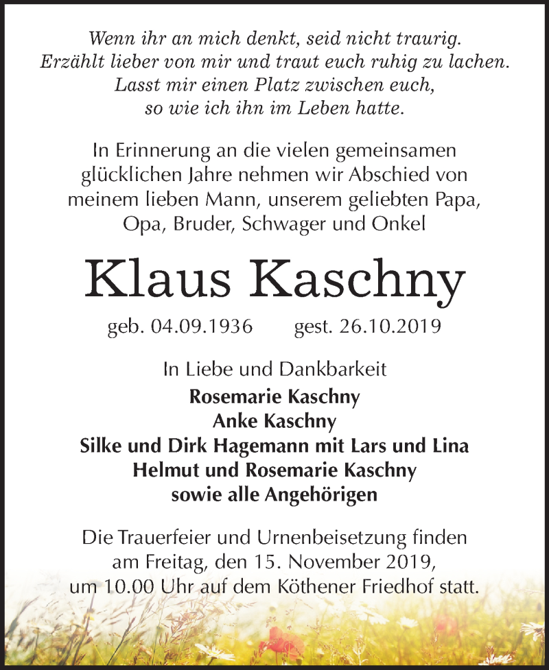  Traueranzeige für Klaus Kaschny vom 02.11.2019 aus Super Sonntag Köthen