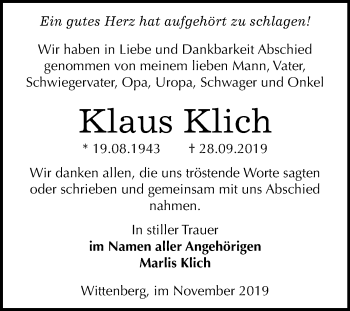 Traueranzeige von Klaus Klich von Super Sonntag Wittenberg