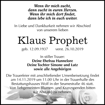 Traueranzeige von Klaus Prophet von Wochenspiegel Weißenfels