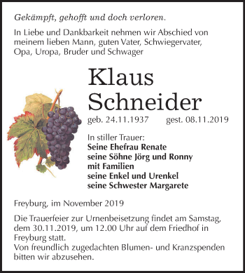 Traueranzeige von Klaus Schneider von Mitteldeutsche Zeitung Naumburg/Nebra