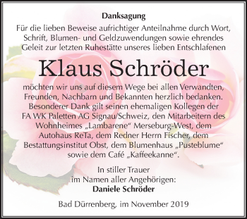 Traueranzeige von Klaus Schröder von Mitteldeutsche Zeitung Merseburg/Querfurt