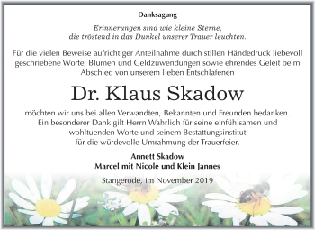 Traueranzeige von Klaus Skadow von Wochenspiegel Mansfelder Land