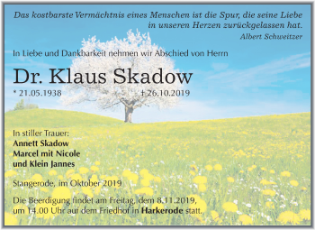 Traueranzeige von Klaus Skadow von Super Sonntag Mansfelder Land