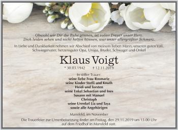 Traueranzeige von Klaus Voigt von Mitteldeutsche Zeitung Mansfelder Land