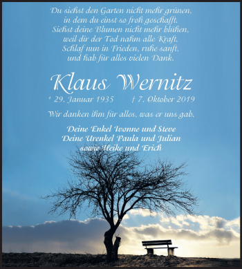 Traueranzeige von Klaus Wernitz von Mitteldeutsche Zeitung Zeitz