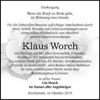 Traueranzeige von Klaus Worch von Mitteldeutsche Zeitung Mansfelder Land