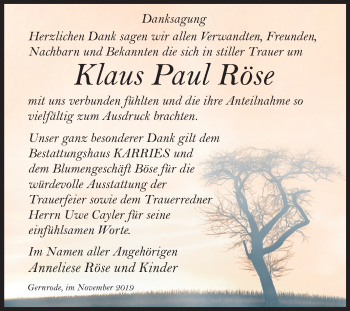 Traueranzeige von Klaus Paul Röse von Mitteldeutsche Zeitung Quedlinburg