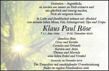 Traueranzeige von Klaus Paul Röse von Mitteldeutsche Zeitung Quedlinburg