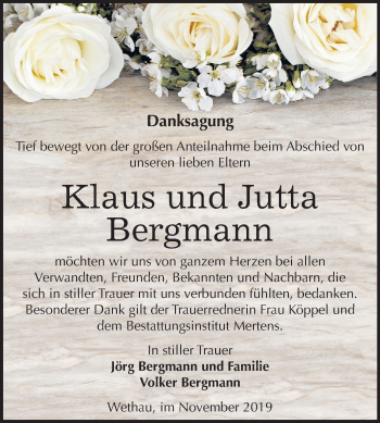 Traueranzeige von Klaus und Jutta Bergmann von Wochenspiegel Naumburg/Nebra