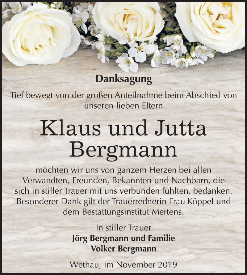  Traueranzeige für Klaus und Jutta Bergmann vom 13.11.2019 aus Wochenspiegel Naumburg/Nebra