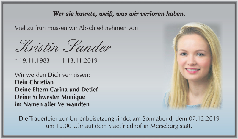 Traueranzeige für Kristin Sander vom 30.11.2019 aus Super Sonntag Merseburg/Querfurt